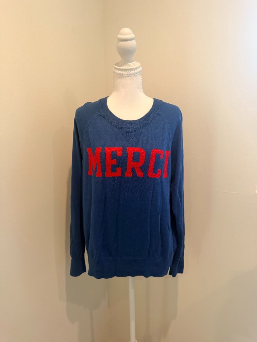 Gap Blue "MERCI" Graphic Knit Raglan Crewneck Sweater – Size M